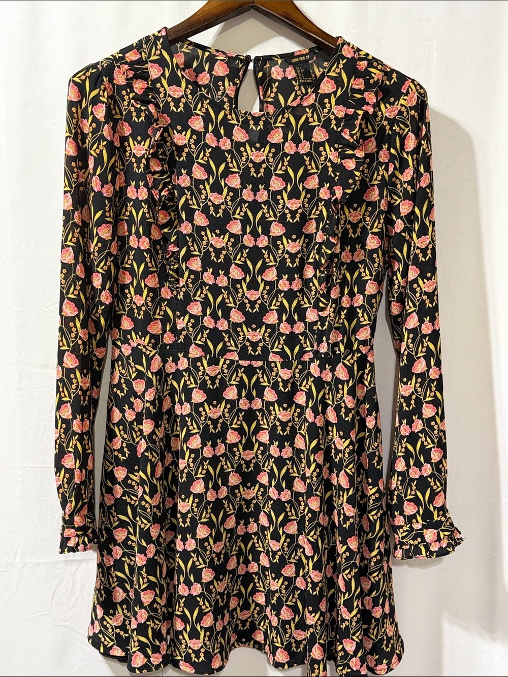 Forever 21 Black Long-Sleeve Floral A-Line Dress